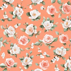 A vibrant coral background adorned with delicate roses and small white flowers, creating a cheerful floral pattern.