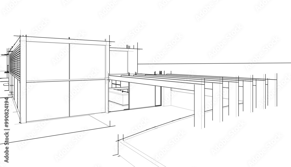 Poster Architectural sketch of modern building 3d rendering