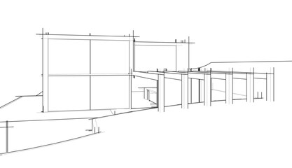 Architectural sketch of modern building 3d rendering