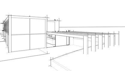 Architectural sketch of modern building 3d rendering