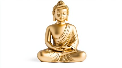 A golden statue of a Buddha sitting in peaceful meditation, bathed in the warm glow of the setting sun, symbolizing tranquility