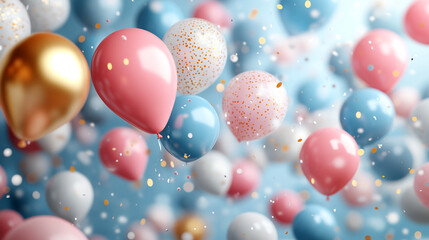 Colorful balloons floating against a soft blue background, perfect for celebrations and joyful occasions.