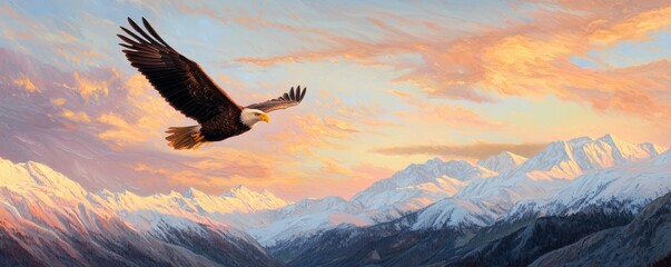 Fototapeta premium A majestic golden eagle soaring above snow-capped mountains, wings catching the golden light of a setting sun, symbolizing freedom