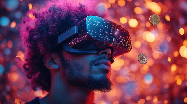 Person with a VR headset and floating digital coins.