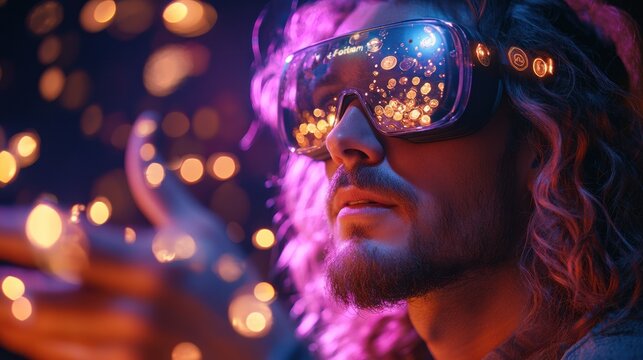 Close-Up of VR Headset User with Sparkling Surroundings