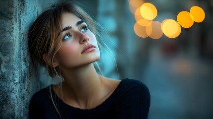 Young Caucasian woman with dreamy expression against a textured wall.