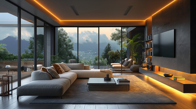 Moderm Interior of AI augmented reality smart home, design with natural light and modern interior design