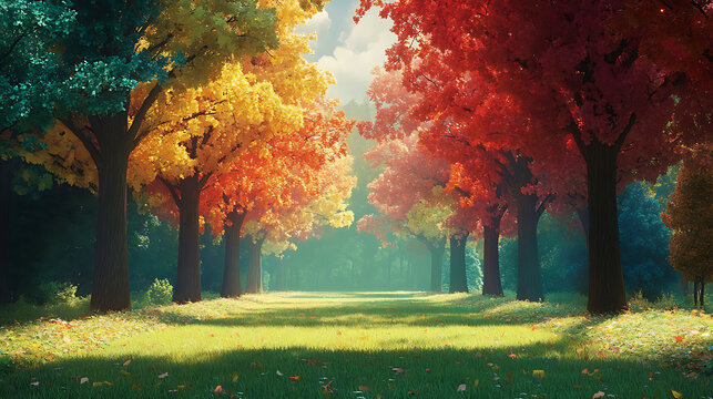 Flawless artificial forest with trees that have perfect symmetry and unnaturally colours