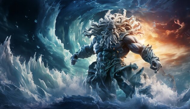 An epic depiction of a powerful ocean god emerging from turbulent waves, surrounded by swirling water and vibrant colors. The dynamic scene captures the strength and mythological essence of this