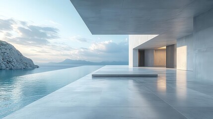 Obraz premium modern concrete plaza with sleek gray walls overlooking serene ocean view minimalist architecture bathed in soft natural light