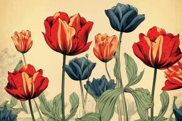 Vibrant illustrated tulip garden