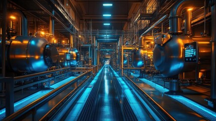 Obraz premium modern industrial boiler room with sleek stainless steel equipment pipes and gauges create intricate patterns cool blue lighting adds futuristic feel clean efficient energy concept