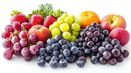 A vibrant assortment of fresh fruits including strawberries, grapes, apples, oranges, and blueberries arranged neatly on a clean surface