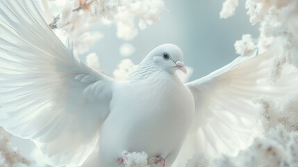 Fototapeta premium Close-up of a white dove with wings gently spread, focus on the head and feathers, symbolizing purity and freedom. No logo, soft tones.