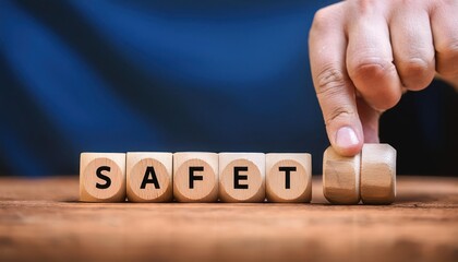 Hand arranging wooden blocks spelling safety.