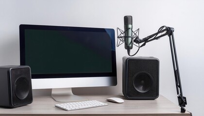 Desktop setup with microphone, speakers, and empty monitor.