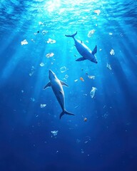 Fototapeta premium Marine Animals Interacting with Microplastic in Ocean Water