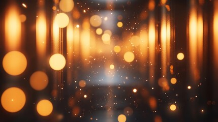 Golden Bokeh Lights Background. Abstract Festive Glitter Defocused Blurred Particles. Magic Backdrop