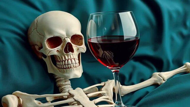 Whimsical still life with skeleton enjoying glass of wine