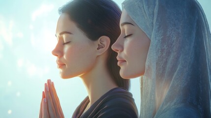 Woman in prayer pose with figure shrouded in shadowy veil.