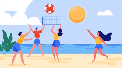Fototapeta premium Friends playing volleyball on the beach, under the bright Sunday sun, symbolizing fun and energy, Sunday beach games, active fun