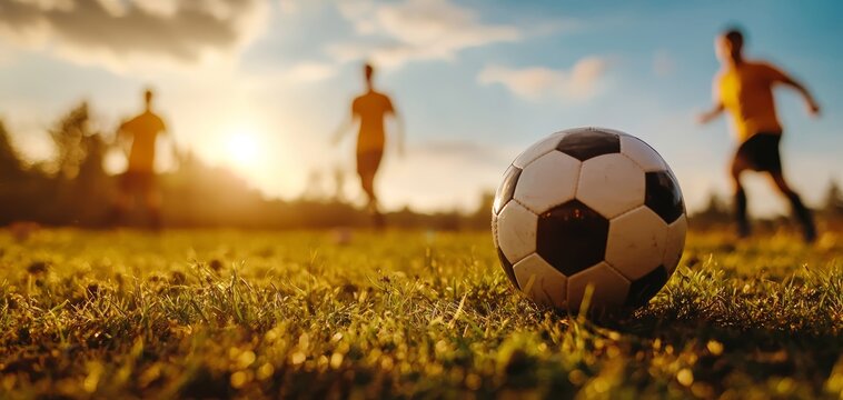 Friends playing football in a field, laughing and enjoying a sunny Sunday, Sunday sports, weekend fun