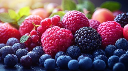 Freshly picked berries including raspberries, blackberries, and blueberries on a dark surface with natural light in a summer setting