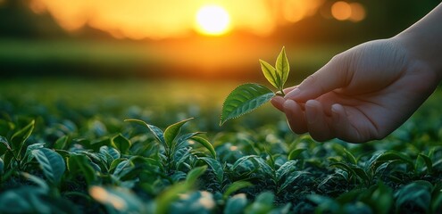 Fototapeta premium Careful Hand Holding Young Plant at Sunrise