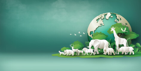 Green Globe with Forest Animals for Animal Day Theme