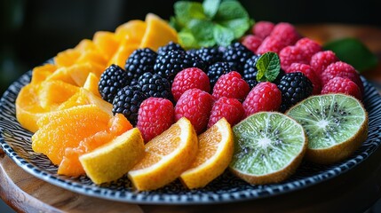Colorful fruit platter featuring oranges, limes, blackberries, and raspberries arranged artistically on a decorative plate