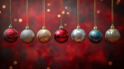 opulent christmas ornaments luxurious gold red and silver baubles and stars suspended elegantly casting soft reflections on a rich crimson backdrop