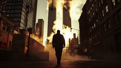 Obraz premium A lone figure walks through the smoke and haze of a city street, with towering skyscrapers in the background.