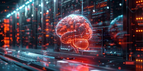  Digital brain hologram floating in a futuristic server room, surrounded by data streams