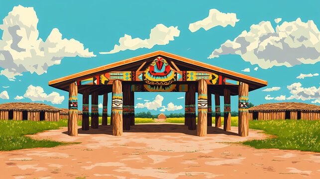 Symmetrical native american lodge pole structure on sac fox reservation pow wow grounds in padonia, kansas. Native American Powwow. Illustration