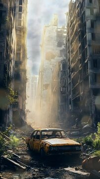 Post-apocalyptic city ruins with abandoned car in destroyed street. Seamless looping 4k time-lapse animation video background
