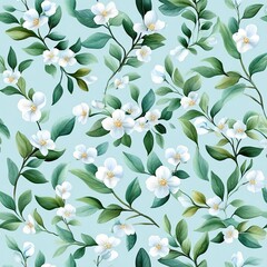 A delicate floral pattern featuring white flowers and green leaves on a soft blue background, perfect for textiles or home decor.