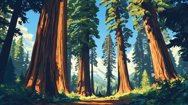 Tall forest of giant sequoias in national park - a majestic redwood landscape. redwood forest. illustration. Giant Redwood Trees. Illustration