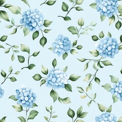 A delicate floral pattern featuring blossoming blue hydrangeas and green leaves on a soft light blue background.