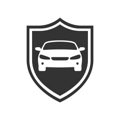 Car on the shield graphic icon. Car insurance sign isolated on white background. Symbol of protections car. Vector illustration