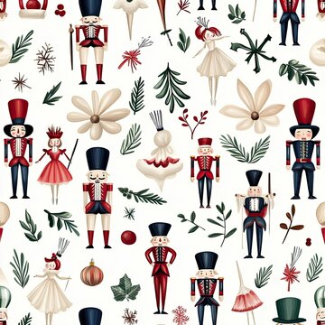 A whimsical holiday pattern featuring nutcracker soldiers, dancers, and festive elements like leaves and ornaments against a cream background.