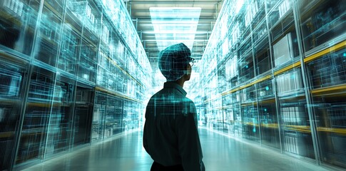 A man in a warehouse looking at digital data visualizations.