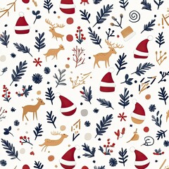 A festive pattern featuring reindeer, Christmas hats, and seasonal foliage in vibrant colors against a white background.