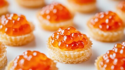 Close-Up of Tartlets with Red Caviar on White Background.