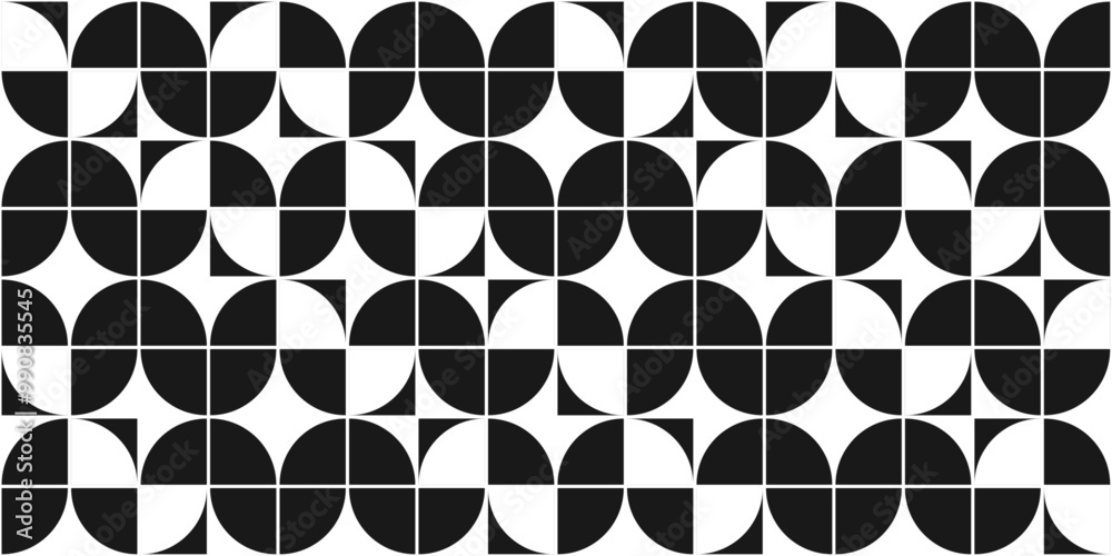 Poster black and white quarters are geometric and rounded. the tiles are monochrome and geometric with simp