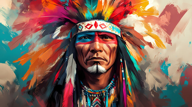 Native american chief portrait with colorful feathers. Native American Powwow. Illustration