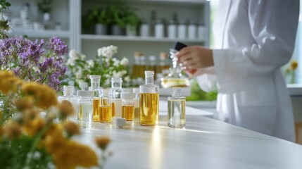Scientist Developing Essential Oils in Laboratory Glassware.
