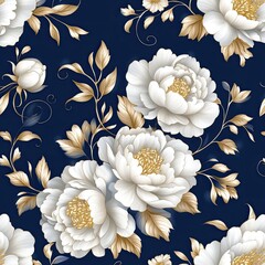 A beautiful floral pattern featuring large white peonies and golden leaves on a deep navy background.
