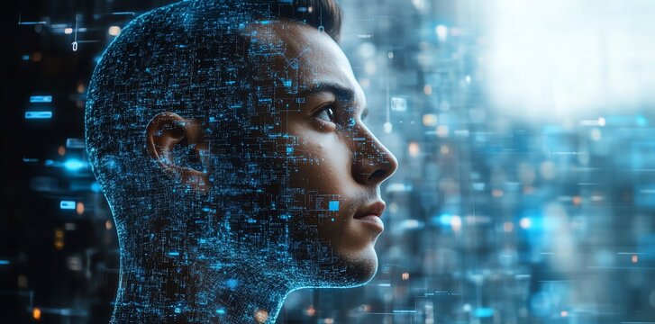 A man's profile, made up of blue digital code, looks into the distance.