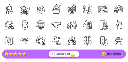 Ice cream, 5g wifi and Scroll down line icons for web app. Pack of Employee results, Card, Salary employees pictogram icons. Idea, Phone pay, Route signs. Timer, Info app, Grill. Panties. Vector