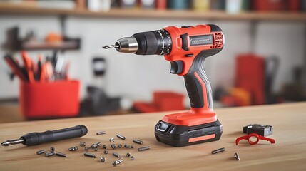 A photograph showcasing an assortment of power tools including an electric drill and a set of screwdrivers neatly arranged on a clean and organized workbench